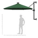 Wall-mounted green parasol with crank lift, 3m canopy, shown with size guide