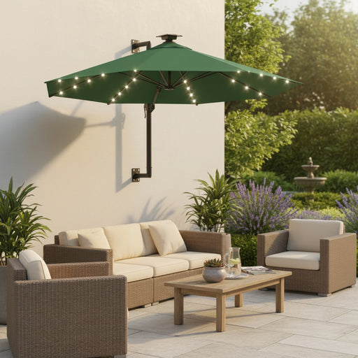 Wall-mounted green parasol with LED lights over patio wicker furniture and garden view