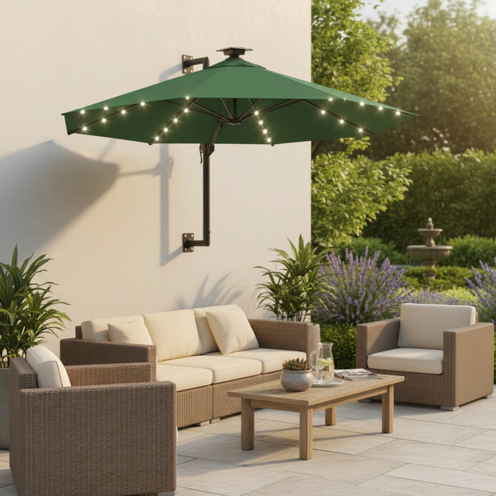 Wall-mounted green parasol with LED lights over patio wicker furniture and garden view