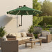 Wall-mounted green parasol with LED lights over patio wicker furniture and garden view