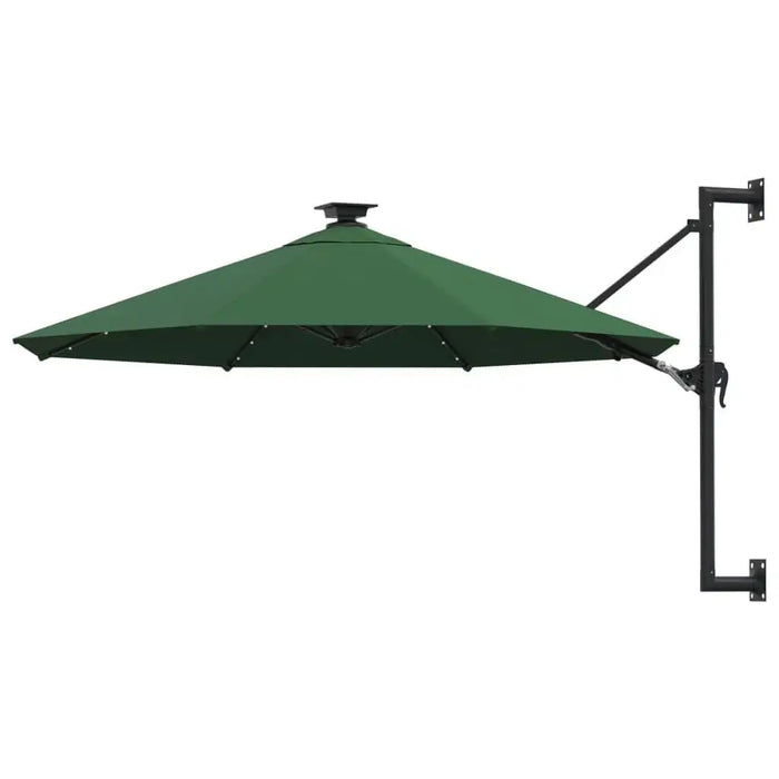 Wall-mounted green parasol with crank lift and LED lights, black metal frame, 3m canopy