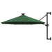 Wall-mounted green parasol with crank lift and LED lights, black metal frame, 3m canopy