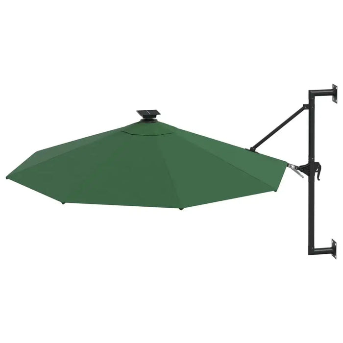 Green 3m wall-mounted parasol with crank lift and LED lights on black metal bracket