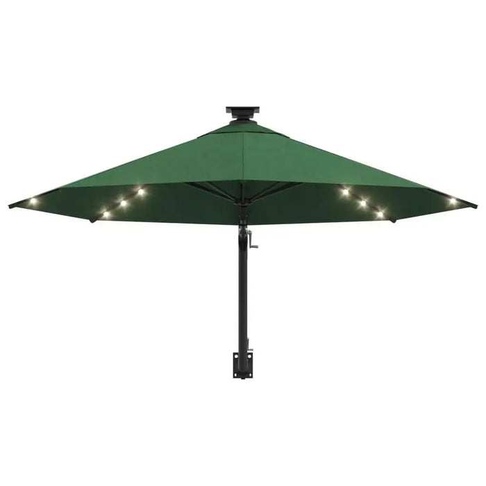 Wall-mounted green parasol with LED lights and crank lift against white background