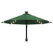 Wall-mounted green parasol with LED lights and crank lift against white background