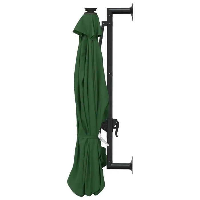 Wall-mounted parasol with closed green canopy and black metal bracket