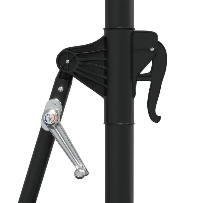 Black wall-mounted parasol crank lift handle and mechanism close-up