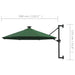 Wall-mounted 3m green parasol with black metal frame and crank lift, size shown