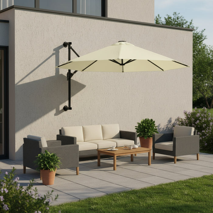 Wall-mounted 3m sand parasol over patio rattan furniture set with plants and coffee table