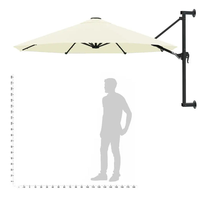 Wall-mounted parasol 3m sand canopy with crank lift, shown next to a silhouette for scale.