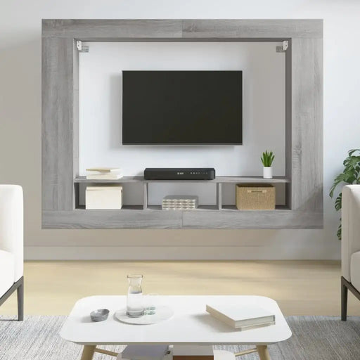Modern living room with wall-mounted grey Sonoma TV cabinet, floating media unit, and display shelves