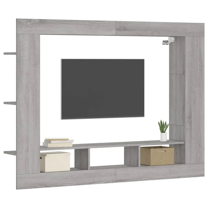 Grey Sonoma wall-mounted TV cabinet with floating media shelf, storage boxes, and small plant