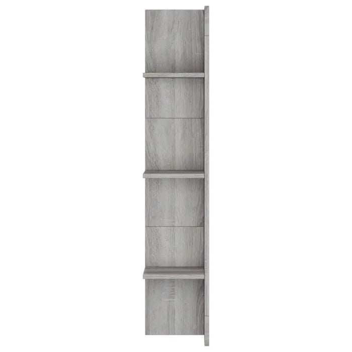Slim wall-mounted TV cabinet in grey Sonoma wood finish with three display shelves