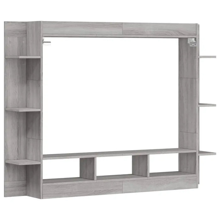 Grey Sonoma wall-mounted TV cabinet with multiple display shelves and open storage compartments