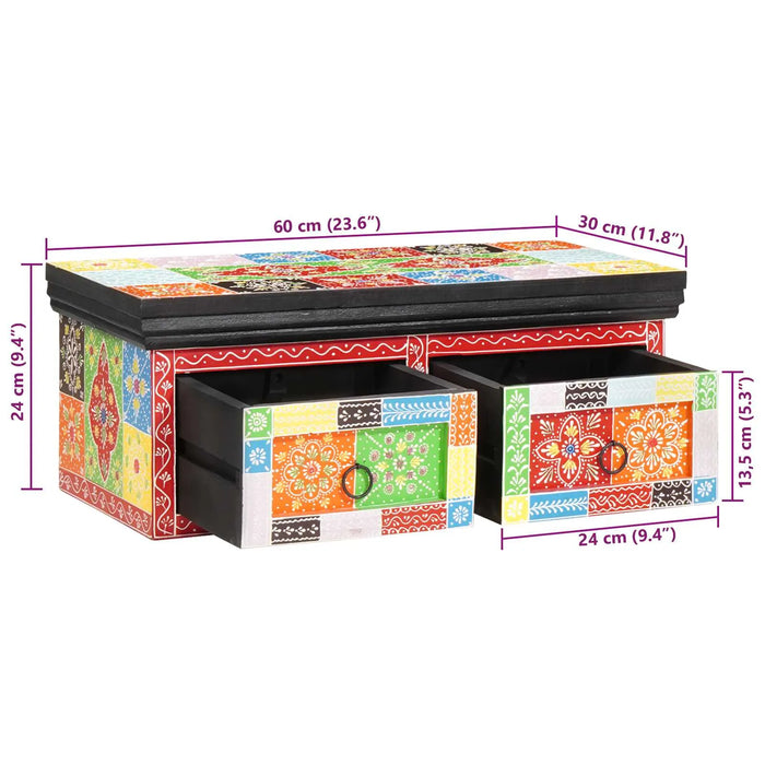 Colorful wooden box with two open drawers decorated with floral patterns, showing dimensions