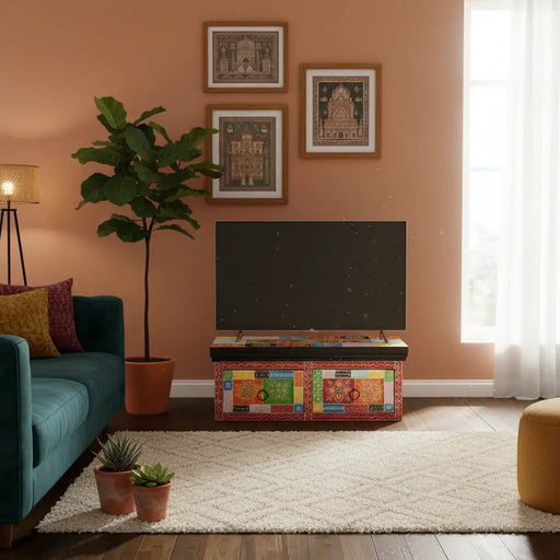 Cozy living room with teal sofa, colorful TV stand, potted plants, framed wall art, and soft rug