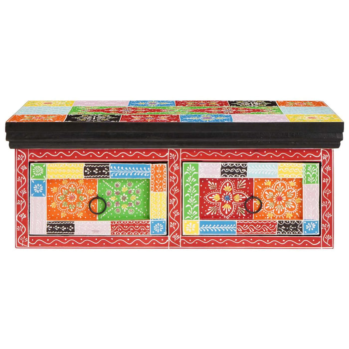 Colorful hand-painted wooden storage chest with floral and geometric patterns, two doors with ring handles