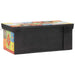 Decorative toy storage box with colorful patchwork design on lid and sides, black front panel