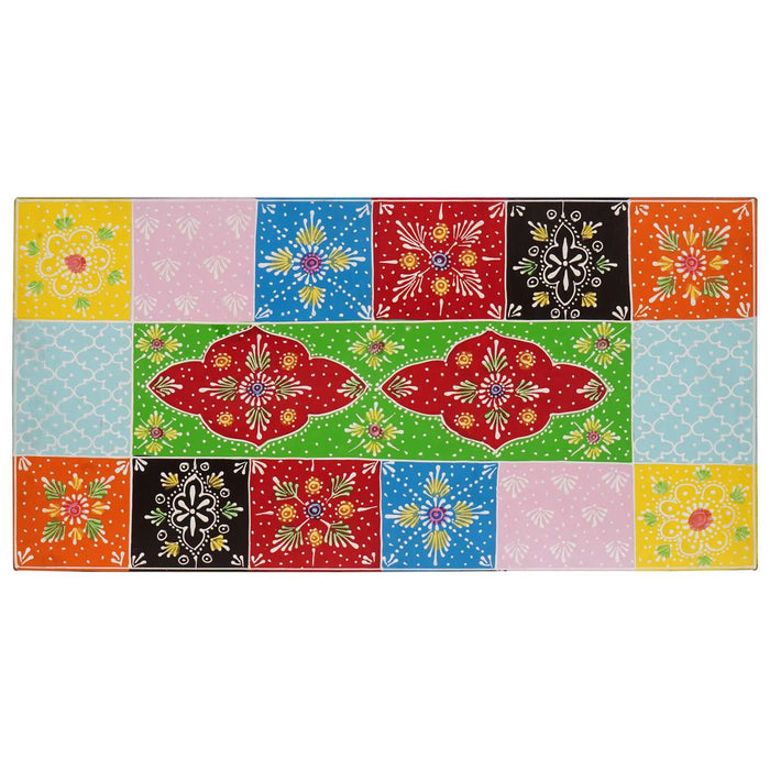 Colorful rectangular tile mat with floral and geometric patterns in red, green, blue, yellow, pink, black, and orange