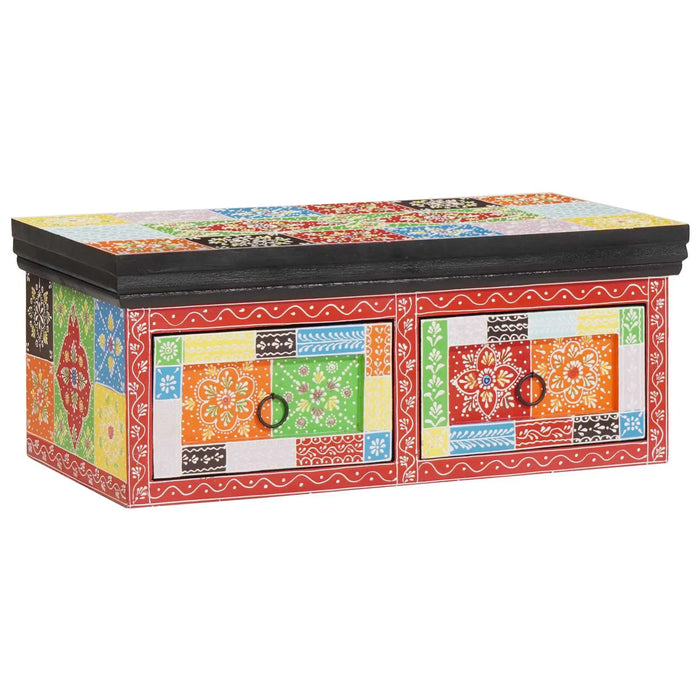 Colorful wooden storage box with floral patterns and two drawers, vibrant patchwork design