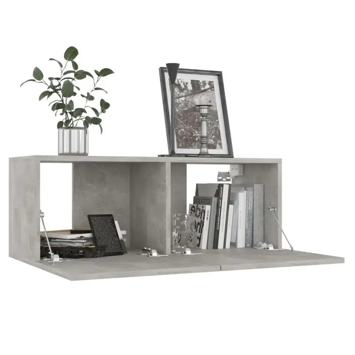 Concrete grey wall-mounted TV cabinet with open compartments, books, decor, and potted plant