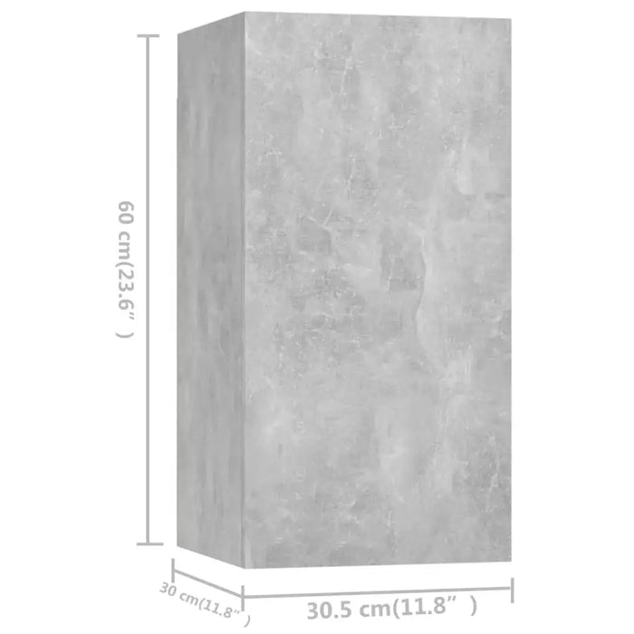 Wall-mounted media storage cabinet with concrete grey finish showing dimensions 60x30.5x30 cm