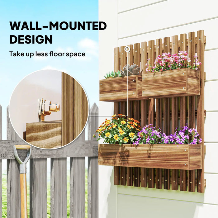 Wall-mounted wooden planter boxes with colorful flowers and succulents on white exterior wall