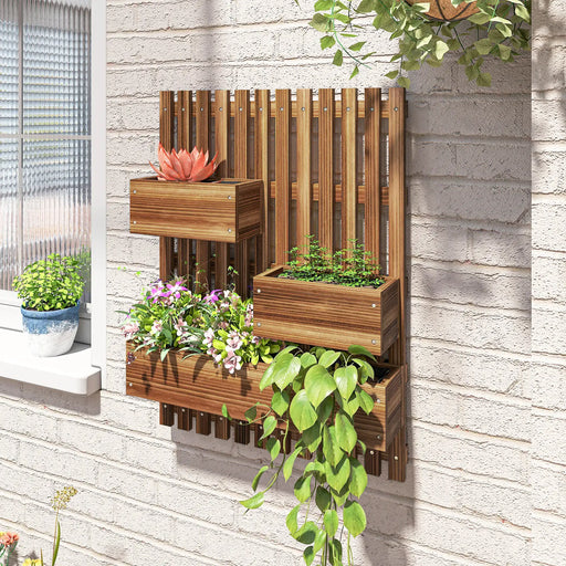 Wall-mounted wooden planter with trellis and three movable planter boxes holding various green plants and flowers on a brick wall