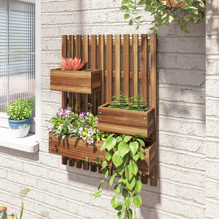 Wall-mounted wooden planter with trellis and three movable planter boxes holding various green plants and flowers on a brick wall