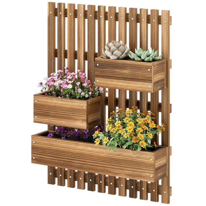 Wall-mounted wooden planter with trellis featuring three planter boxes holding succulents and colorful flowers