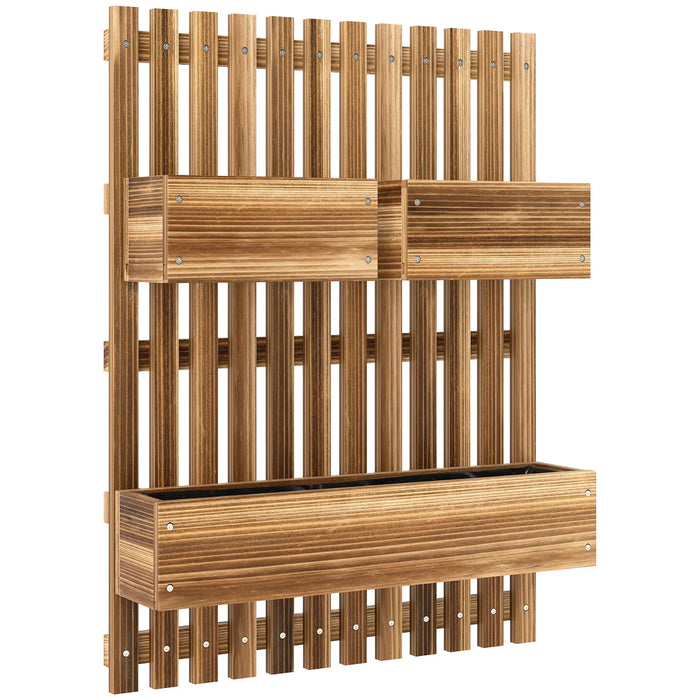 Wooden wall-mounted planter with trellis and three attached planter boxes in natural finish
