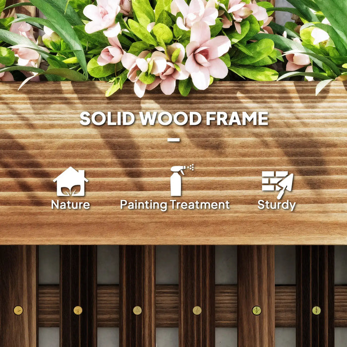 Close-up of a solid wood frame planter with pink flowers and icons for nature, painting treatment, and sturdy construction
