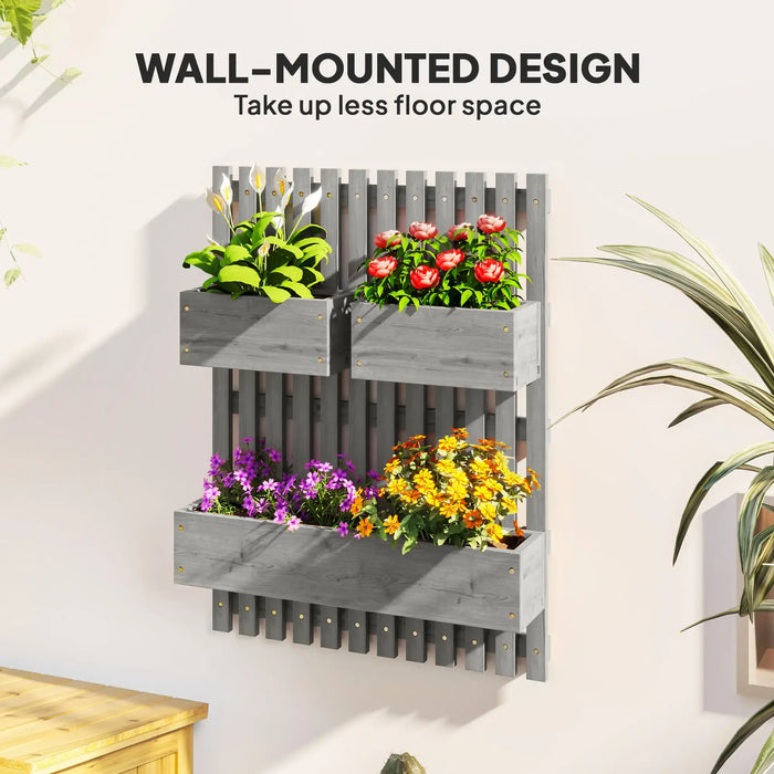Grey wall-mounted wooden planter with trellis holding colorful flowers, space-saving garden decor