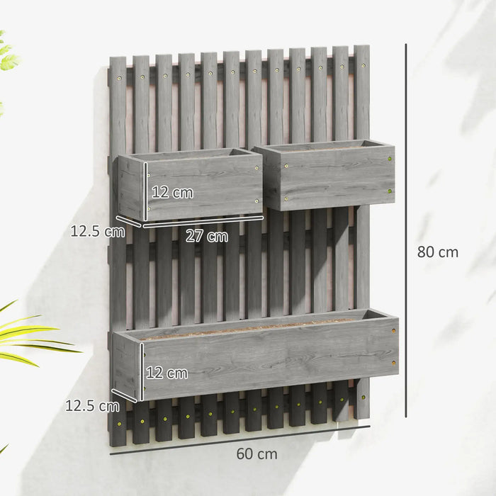 Wall-mounted grey wooden planter with trellis, three moving planter boxes, 80cm tall and 60cm wide