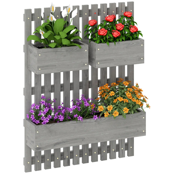 Grey wooden wall-mounted planter with trellis holding white, red, purple, and orange flowers indoors