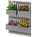 Grey wooden wall-mounted planter with trellis holding four colorful flower boxes in pink, orange, red, and white