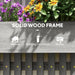 Grey solid wood planter box with yellow and purple flowers, featuring painting treatment and sturdy frame