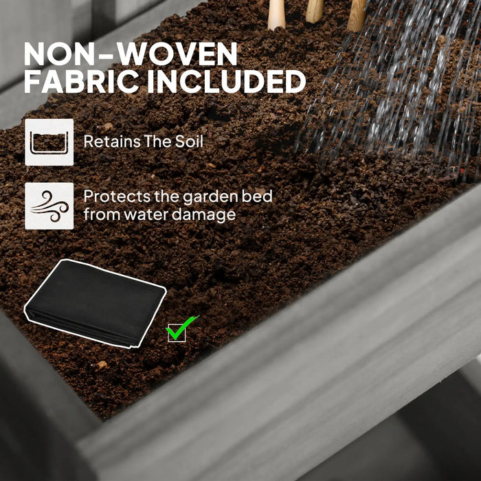 Close-up of soil in a wooden planter being watered, highlighting included non-woven fabric to retain soil and protect garden bed