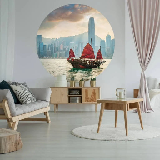 Wallpaper Circle 'Skyline with Junk Boat' Ø142.5 cm - Little and Giant Explorers WallArt