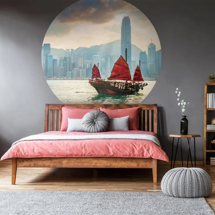 Wallpaper Circle 'Skyline with Junk Boat' Ø142.5 cm - Little and Giant Explorers WallArt