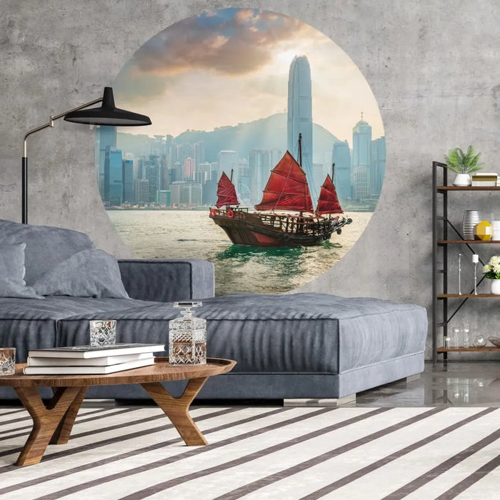 Wallpaper Circle 'Skyline with Junk Boat' Ø142.5 cm - Little and Giant Explorers WallArt