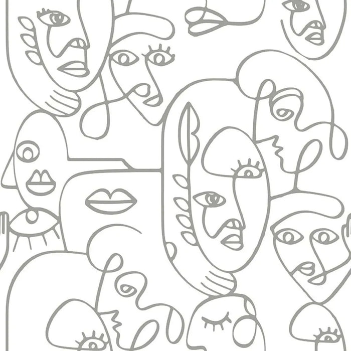 Wallpaper 'Friends & Coffee Line Art Faces' in White and Metallic - Little and Giant Explorers Noordwand