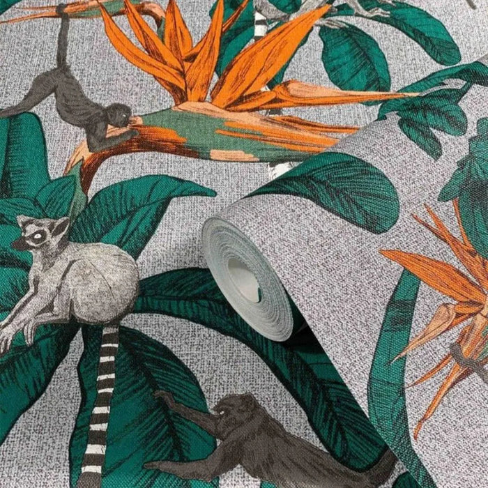 Wallpaper 'Topchic Monkey Jungle Leaves' in Green and Grey - Little and Giant Explorers Noordwand