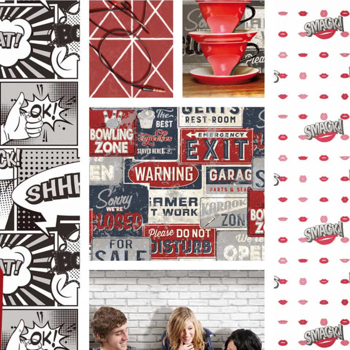 Wallpaper 'Urban Friends & Coffee Billboards Small' in Blue and Red - Little and Giant Explorers Noordwand