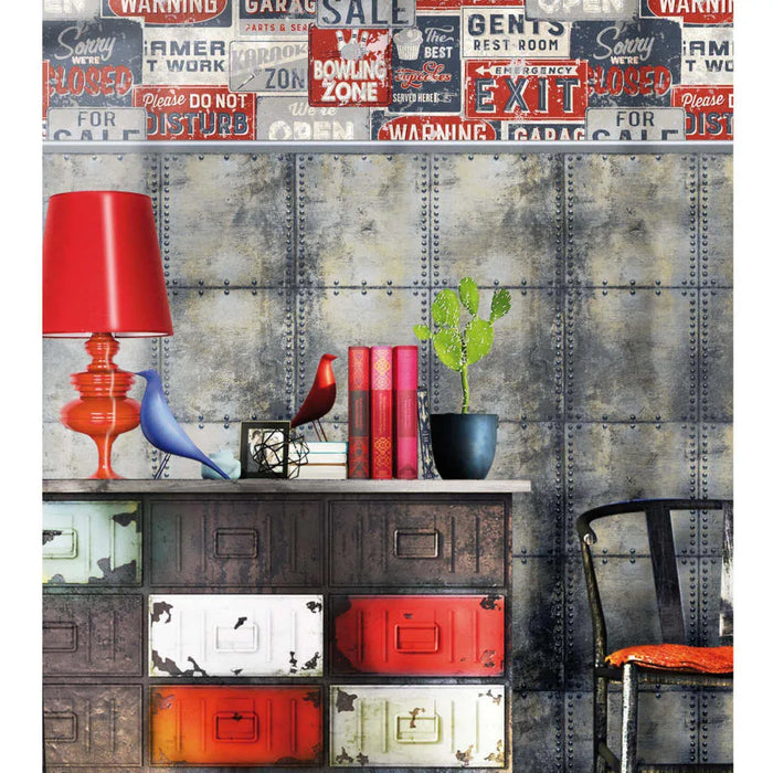 Wallpaper 'Urban Friends & Coffee Billboards Small' in Blue and Red - Little and Giant Explorers Noordwand