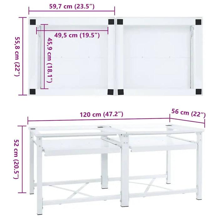 Dimensions of a white metal frame structure with measurements in centimeters and inches.
