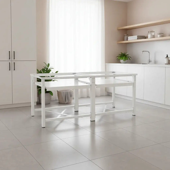 White L-shaped desk with glass top on a white background