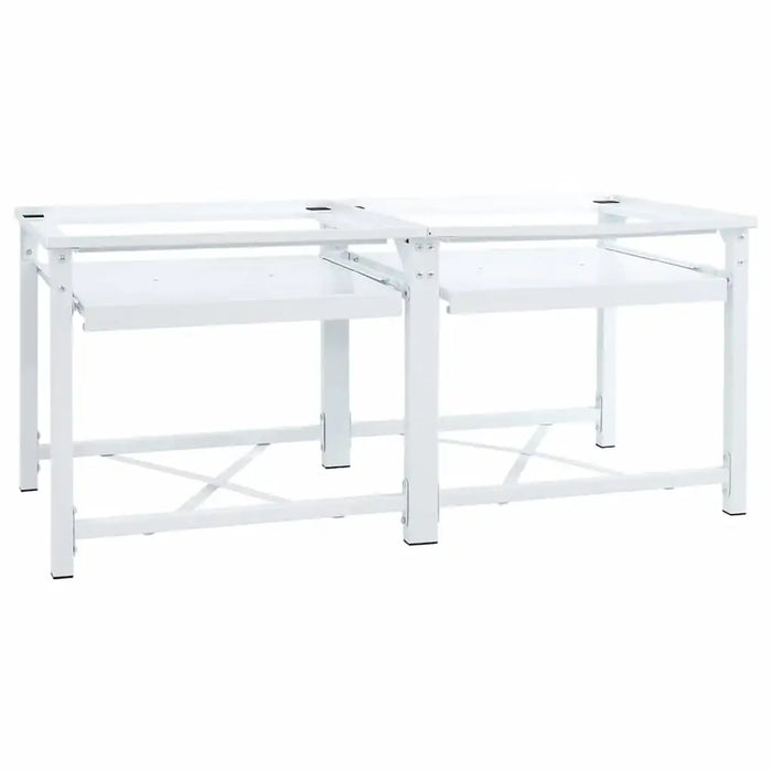 White L-shaped desk with glass top on a white background