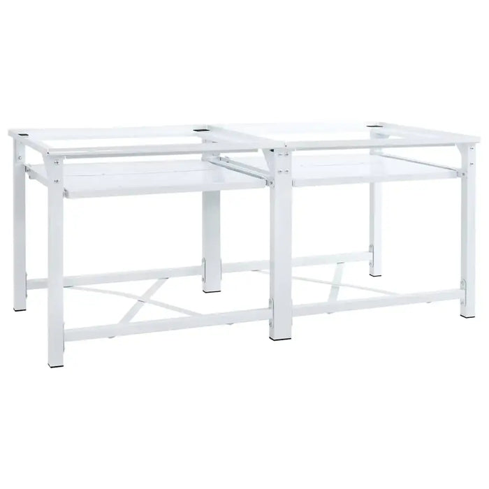 White metal coffee table with glass top on a white background