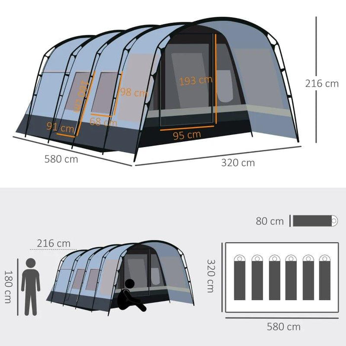 Waterproof Family Tunnel Tent with 4 Large Windows and Sleeping Cabins (8 persons) - Little and Giant Explorers Outsunny